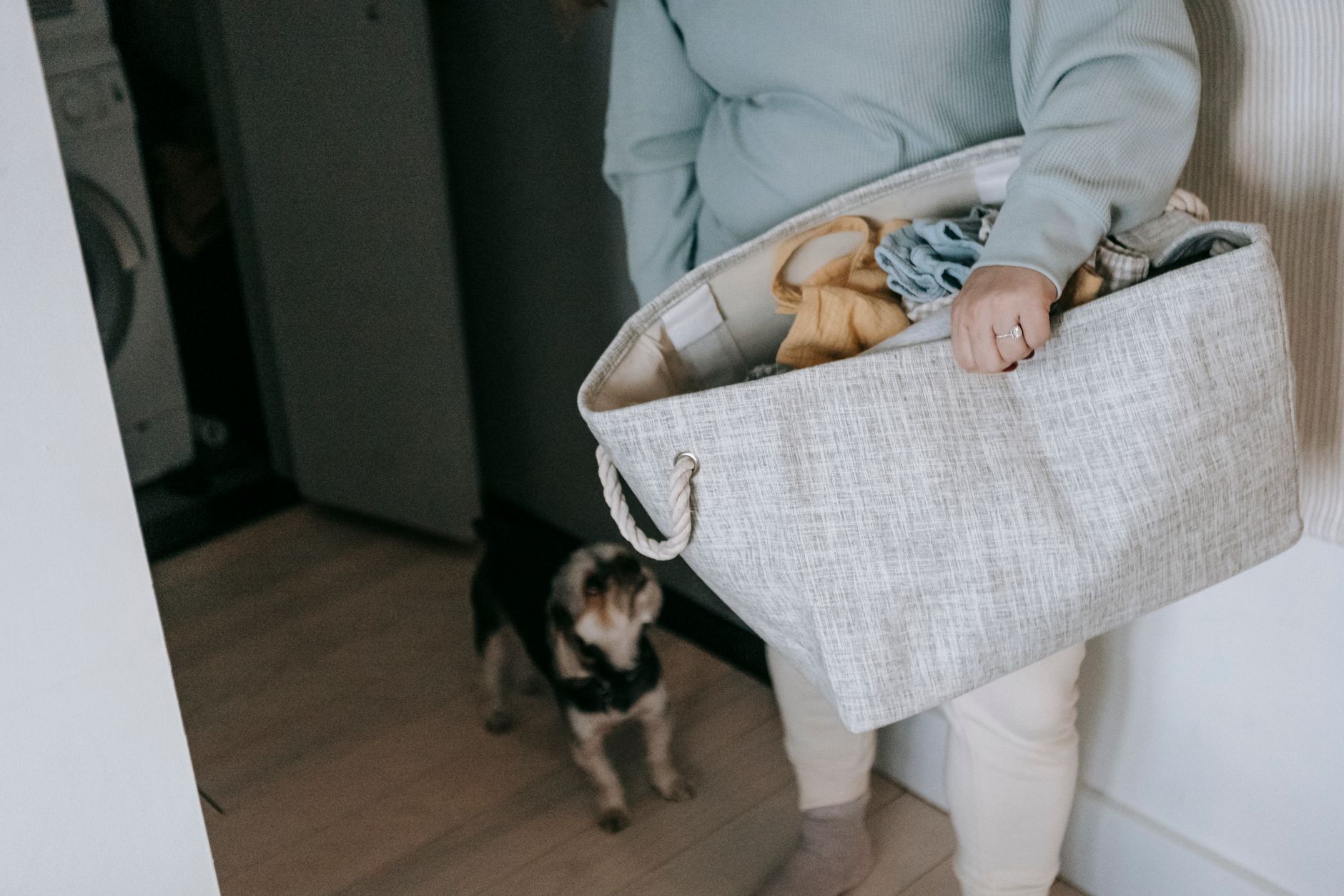 Kobieta z torbą brudnych ubrań i szczeniak w jasnym pokoju