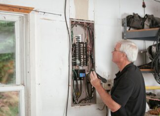 Elektryk sprawdzający domową rozdzielnicę elektryczną dla bezpieczeństwa